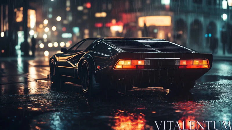 Neon rain crowns a retro supercar idling in cinematic silence