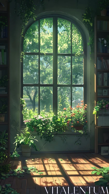 Sunlit arched window framing lush garden through soft foliage