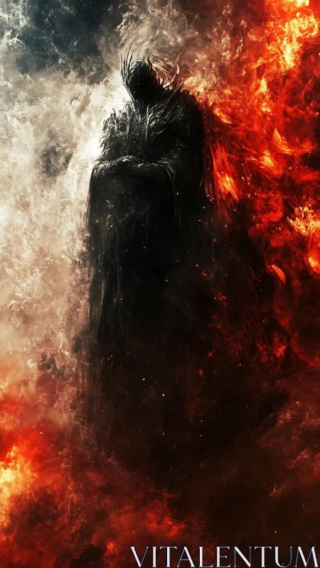 Dark armored figure emerging between fire and smoke.