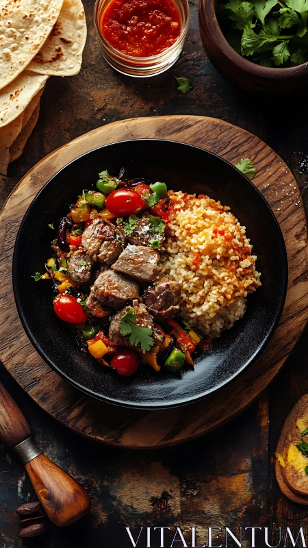 Rustic lamb skillet and jeweled couscous feast in warm light.