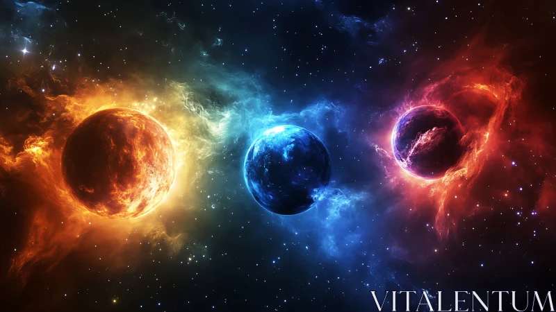 Cosmic dance of fiery and frozen worlds in deep space.