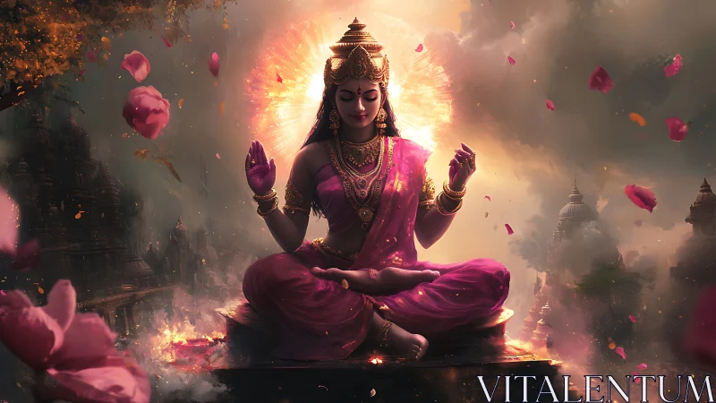 Meditating goddess figure sits amid glowing temple clouds
