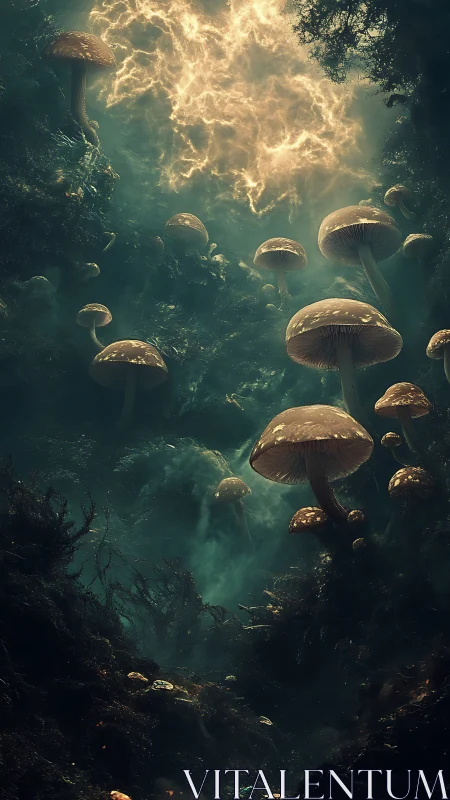 Glowing forest mushrooms rise beneath a stormlit sky veil