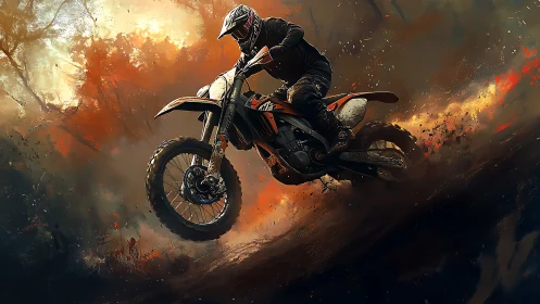Motocross rider powers through blazing forest trail.