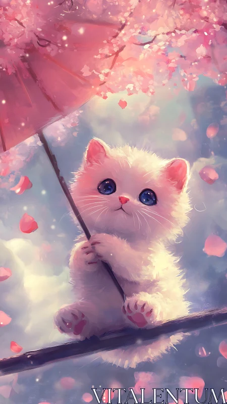 Luminescent White Feline with Sapphire Eyes Among Pink Petals.