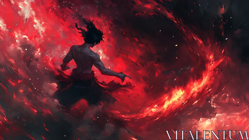 Lone fire dancer swirling through a storm of red light.