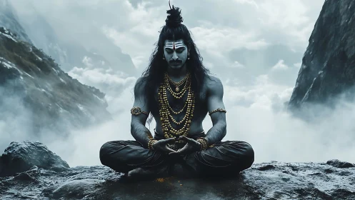 Mystic mountain meditator wrapped in stormy quiet power.