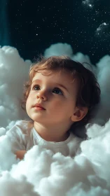 Young child rendered in clouds against starry night sky backdrop.