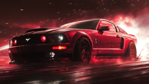 Crimson muscle car storms through neon-lit midnight rain.