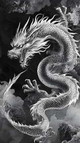Monochrome Eastern dragon coils through storm-laden clouds.