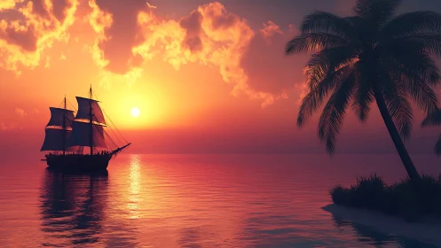 Tall ship glides past palm-framed horizon at blazing sunset