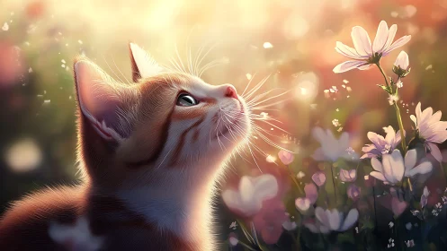 Ginger kitten in backlit wildflower meadow, shallow focus