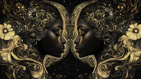 Golden twin portraits glowing with celestial floral magic.