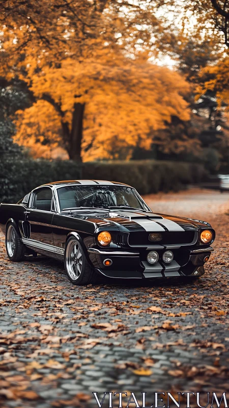 Classic black muscle car contrasts against soft autumn bokeh