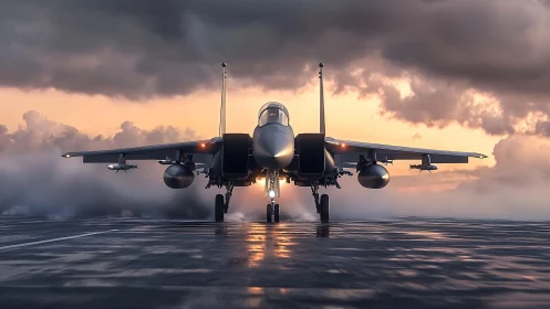 Twin‑engine jet fighter on wet runway under stormy sunset