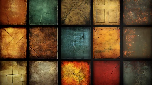 Textured color grid with distressed vintage surface blocks.