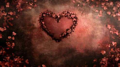 Heart Outline Constructed from Rose Petals on Textured Red Surface.