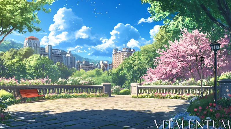 Urban spring terrace overlooking skyline and flowering trees.