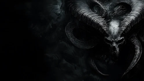 Majestic horned skull emerges from shadows in dark fantasy