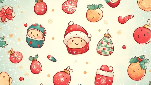 Tiny Christmas faces drift like cheerful constellations