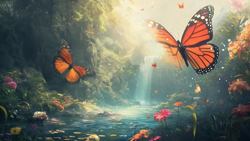 Monarch butterflies over misted waterfall lagoon in fantasy forest