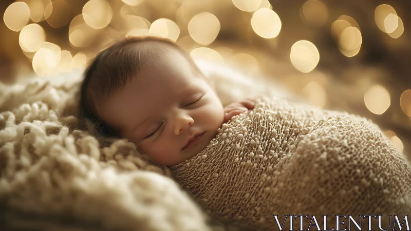 Infant wrapped in textured blanket against soft bokeh lights.