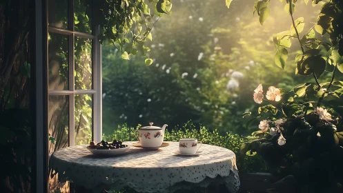 Sunlit garden tea table with porcelain set and cherries.
