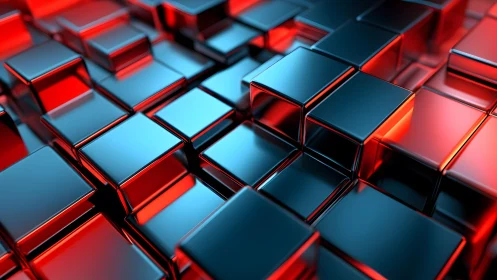 Futuristic metallic cubes with blue and red lighting, 3D digital art.