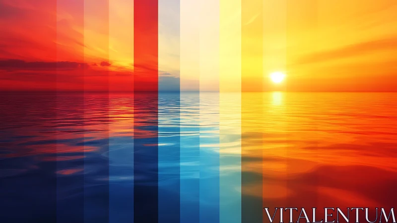 Striped gradient seascape with vivid red, blue, gold sky.