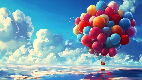 Clustered balloons lift basket over reflective ocean surface