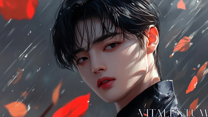 Stormlit portrait of dark haired youth amid falling leaves.