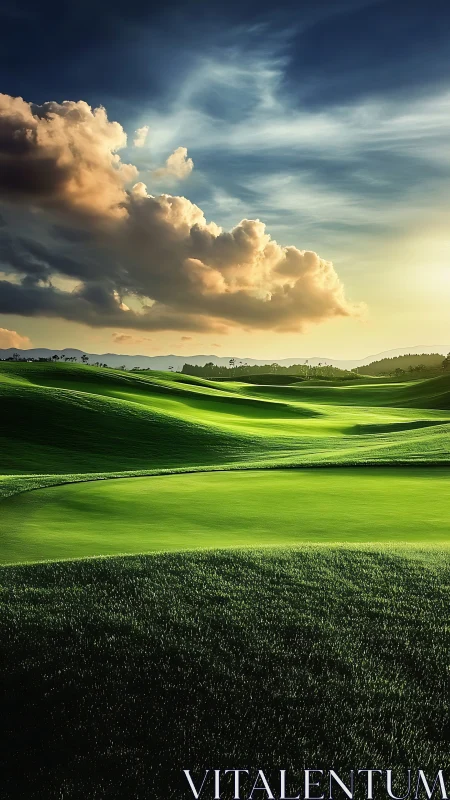 Golf course fairways curve under dense clouds at sunset