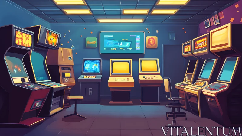 Retro arcade room interior with multiple game cabinets.
