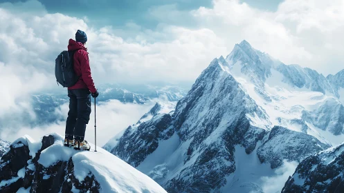 Scarlet climber pauses above a cathedral of winter peaks.