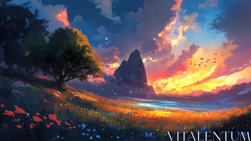 Radiant mountain sunset over luminous wildflower valley.