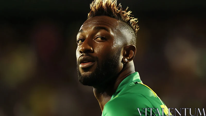 Soccer player under stadium lights with golden highlights.