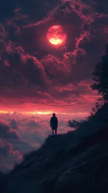 Crimson moonlight welcomes a lone hiker above glowing clouds