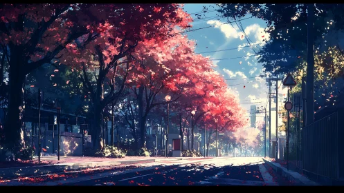 Tree-lined urban street shows autumn foliage in strong light