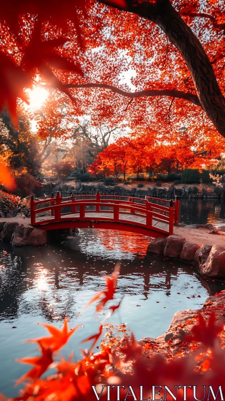Red arched bridge spans reflective pond under dense autumn foliage