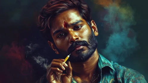 Digital portrait in cinematic chiaroscuro with smoky ambience.