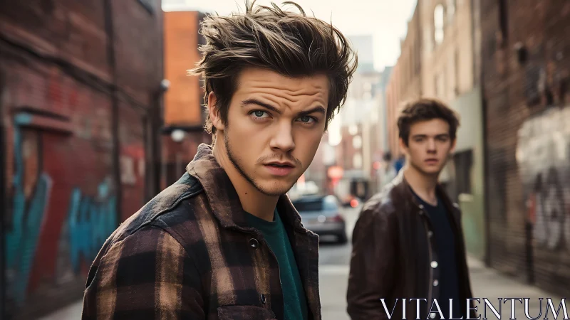 Shallow-depth street portrait isolates foreground subject in alleyway