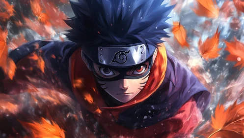 Dynamic anime ninja portrait with autumn leaf motion blur