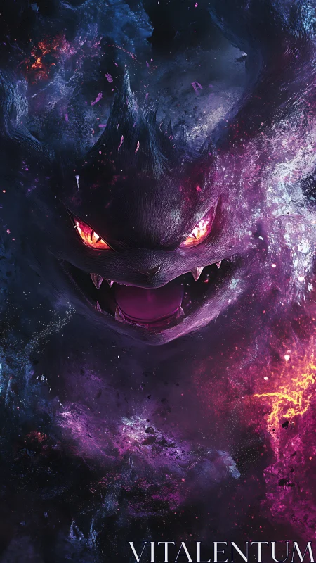 Dark ghost creature with glowing eyes in swirling cosmos