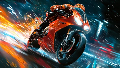 High-speed orange superbike carving wet neon city street at night.