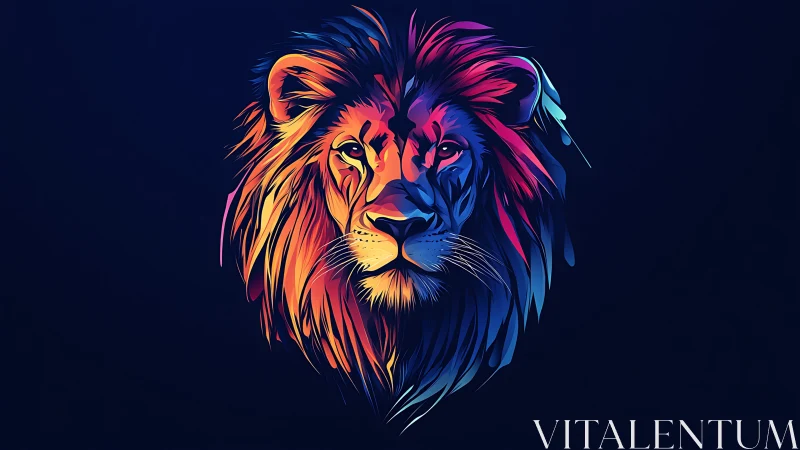 Chromatic vector lion portrait in symmetric neon gradients.