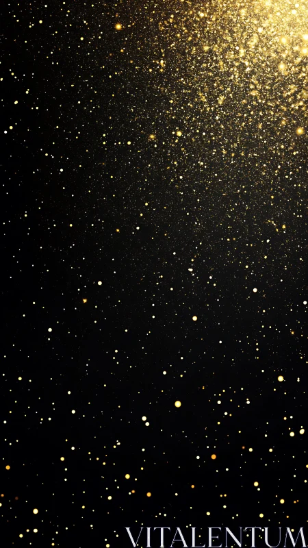Photorealistic golden particle cascade on black field background.