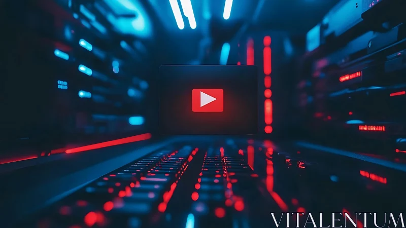 Glowing play button hovers over a neon lit server keyboard