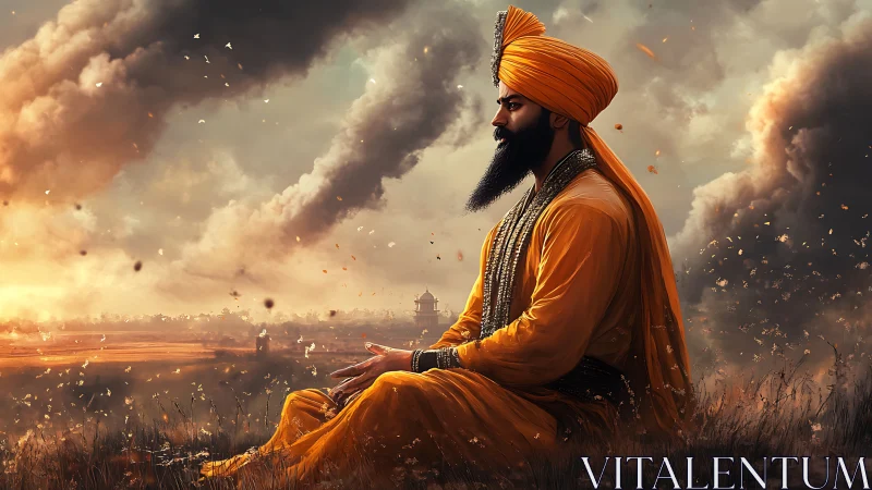 Sikh man in orange garments meditating in rural landscape.