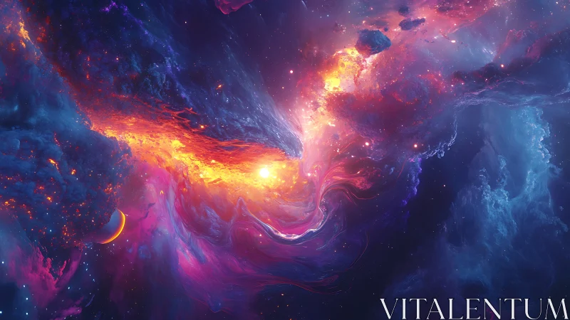 Nebula firestorm swirling around distant crescent world.