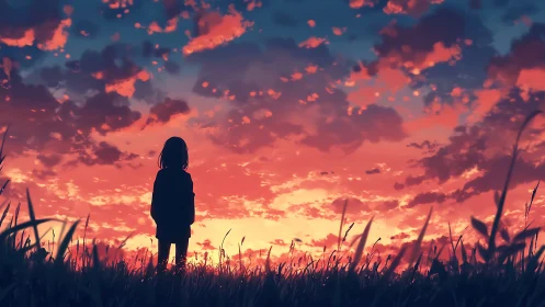 Silhouetted child beneath cinematic crimson sunset sky.